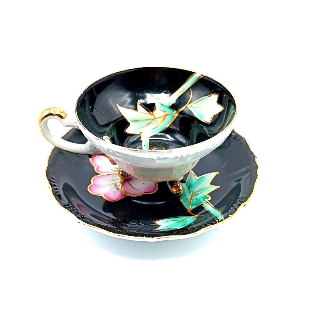 Vintage Royal Sealy Japan Lustreware Footed Tea Cup and Saucer Black Pink Floral
